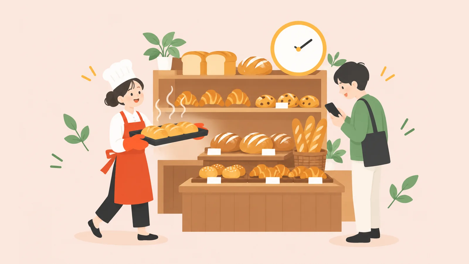 焼きたてのパンを運ぶ店主と、時計の下でパンを選ぶお客さんのイラスト