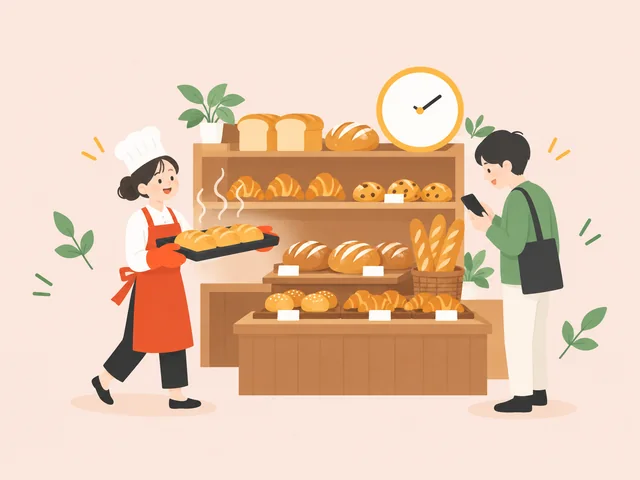 焼きたてのパンを運ぶ店主と、時計の下でパンを選ぶお客さんのイラスト