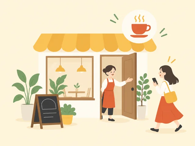 スマホを見ながら小さなカフェに向かうお客さんと、扉を開けて迎える店主のイラスト