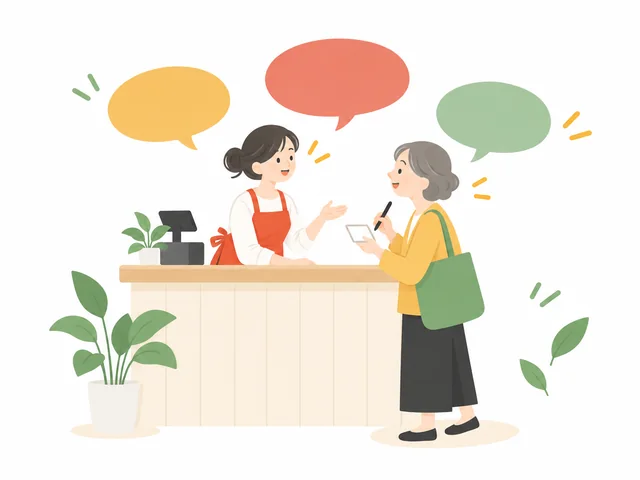 カウンター越しに、お客さんがカードに感想を書いて店主と話しているイラスト