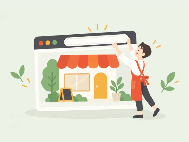 ブラウザの入力欄に、表札のような板をはめようとしている店主のイラスト