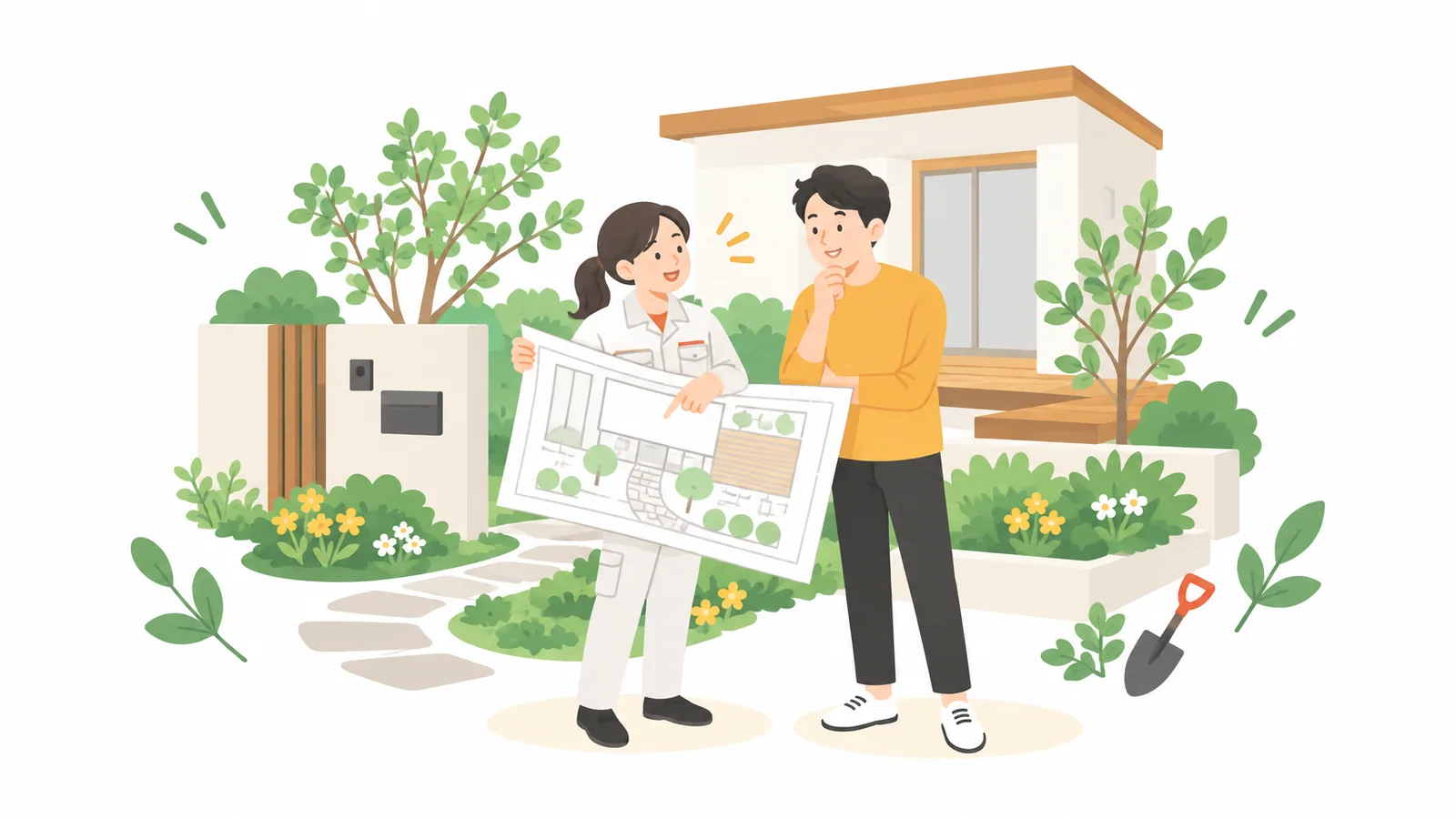 門まわりと庭の前で、職人さんが図面を広げて施主に説明しているイラスト