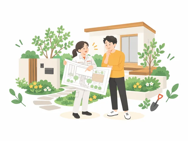 門まわりと庭の前で、職人さんが図面を広げて施主に説明しているイラスト