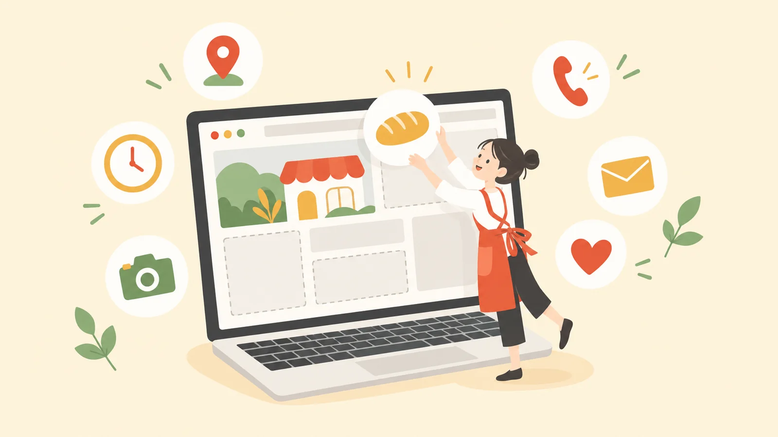ノートパソコンの大きな画面に、地図や時計の絵柄のカードを1枚ずつはめ込んでいるお店の人のイラスト