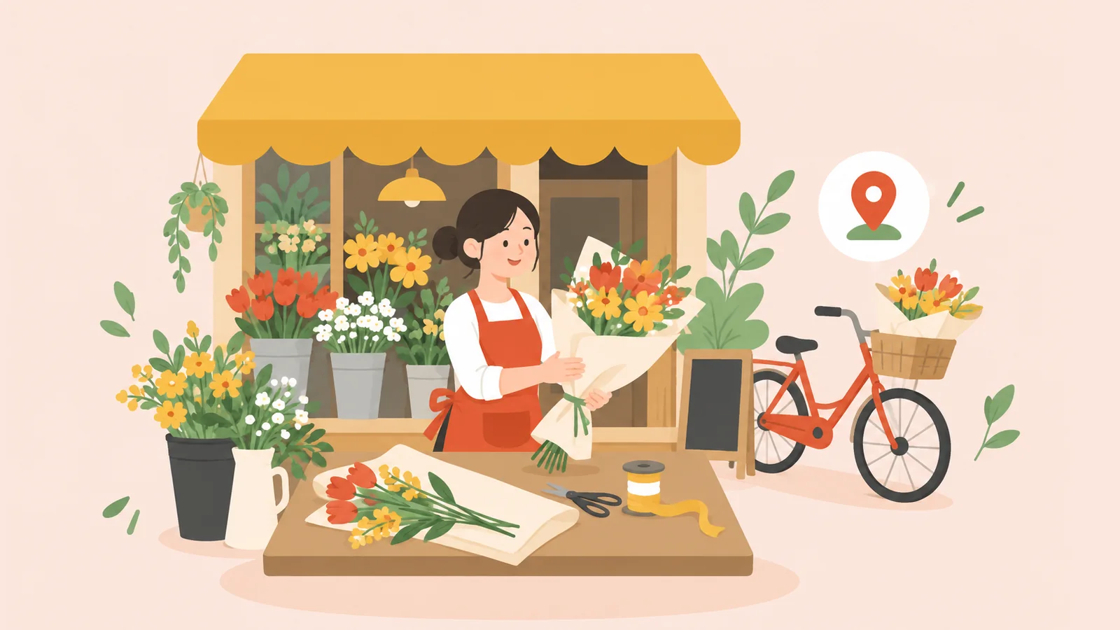 花屋の店先で花束を包む店主と、配達用の自転車のイラスト