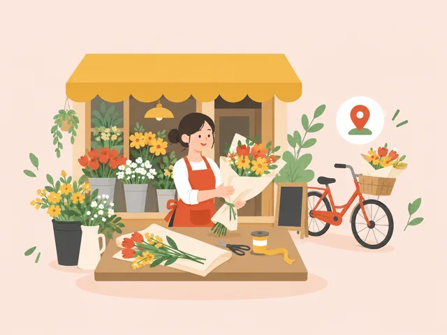 花屋の店先で花束を包む店主と、配達用の自転車のイラスト