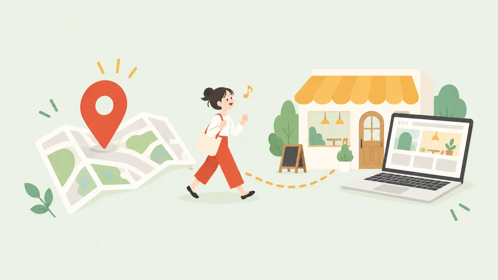 地図のピンからお店とホームページまで続く道を、お客さんが歩いているイラスト