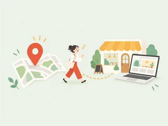 地図のピンからお店とホームページまで続く道を、お客さんが歩いているイラスト