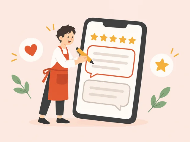 星の並ぶスマホの画面の横で、店主が返事のカードを書いているイラスト