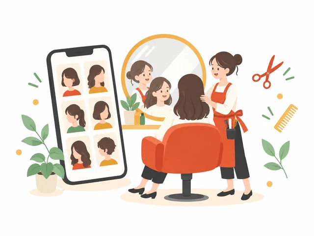 美容室の鏡の前で髪を整える美容師と、髪型の写真が並ぶスマホの画面のイラスト