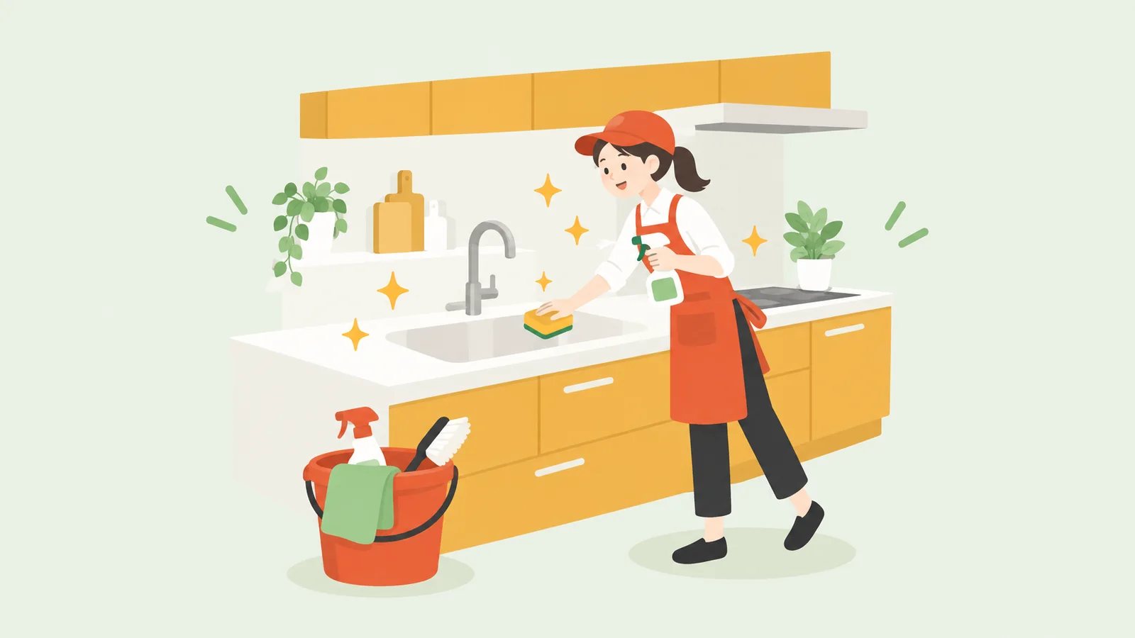 ぴかぴかになったキッチンで、作業着のスタッフが仕上げをしているイラスト