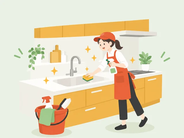ぴかぴかになったキッチンで、作業着のスタッフが仕上げをしているイラスト