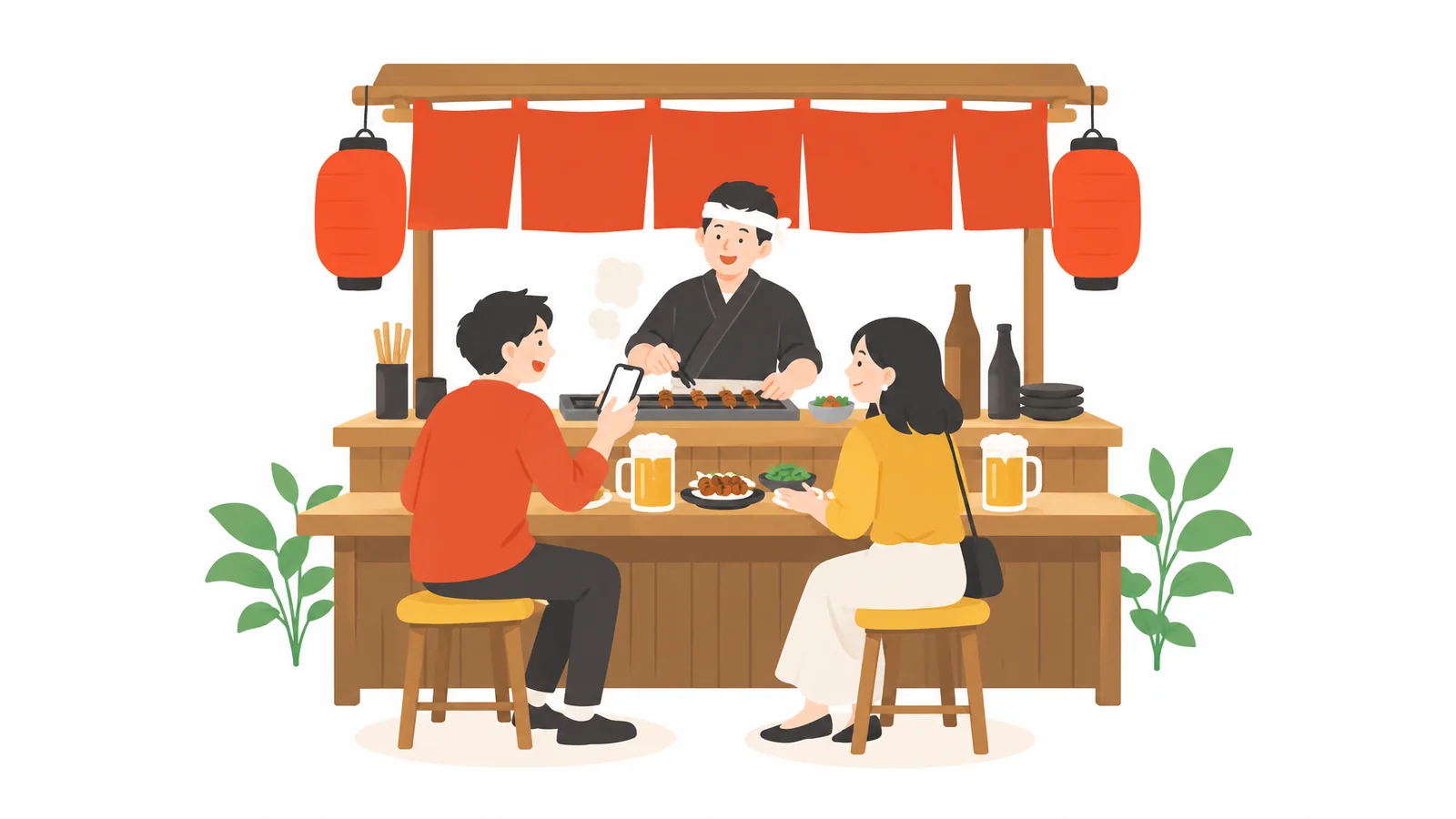居酒屋のカウンターで、スマホの予約を店主に見せるお客さんのイラスト
