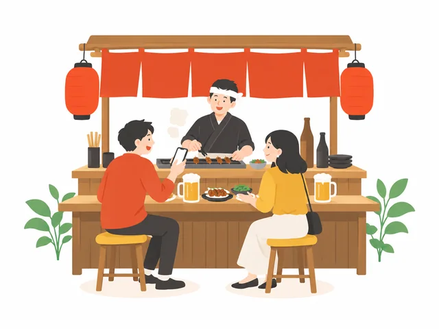 居酒屋のカウンターで、スマホの予約を店主に見せるお客さんのイラスト