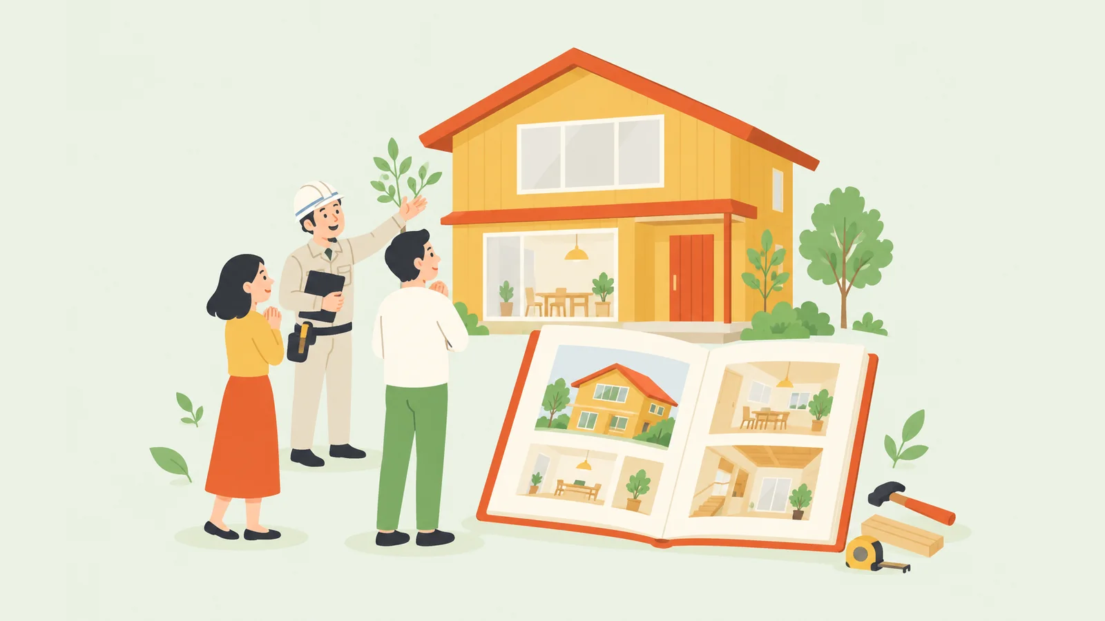 完成した木の家の前で、大工さんが家族に家を案内しているイラスト