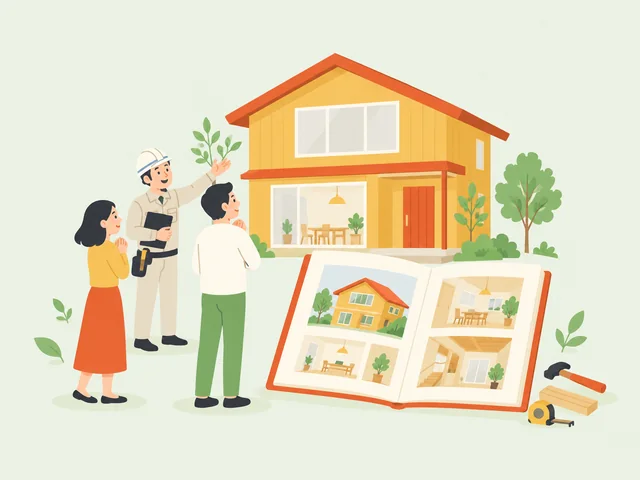 完成した木の家の前で、大工さんが家族に家を案内しているイラスト