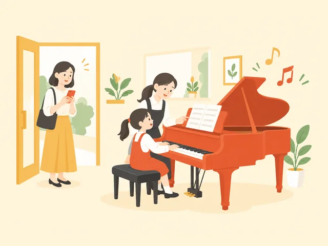 ピアノ教室で先生が子どもに教え、入口で保護者が見守っているイラスト
