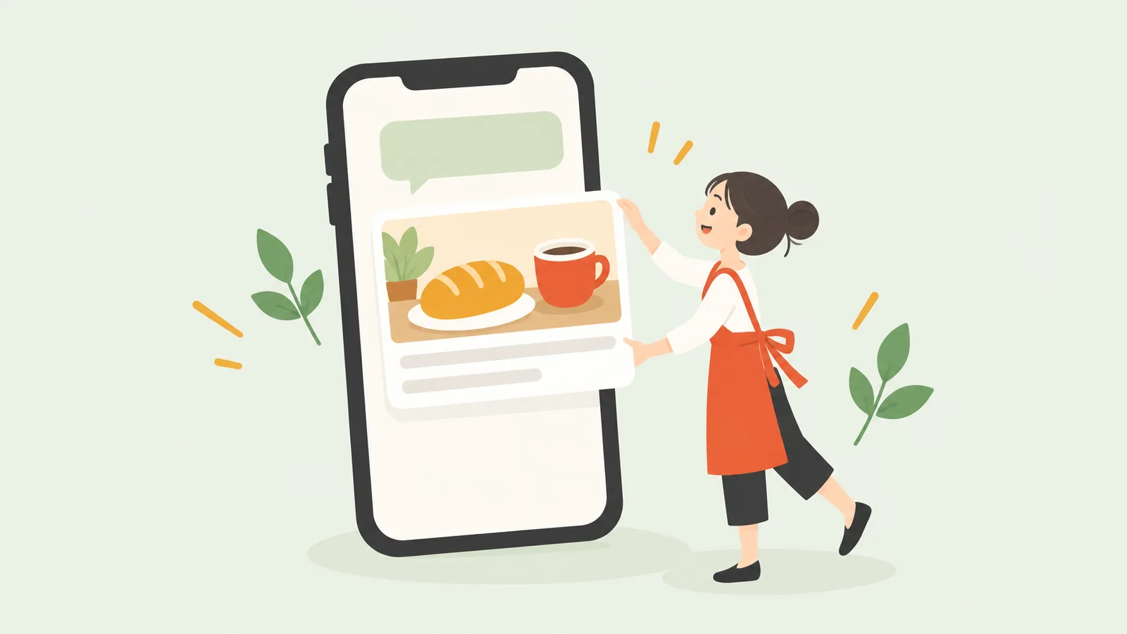 スマホの画面に、お店の写真のカードを差し出している店主のイラスト