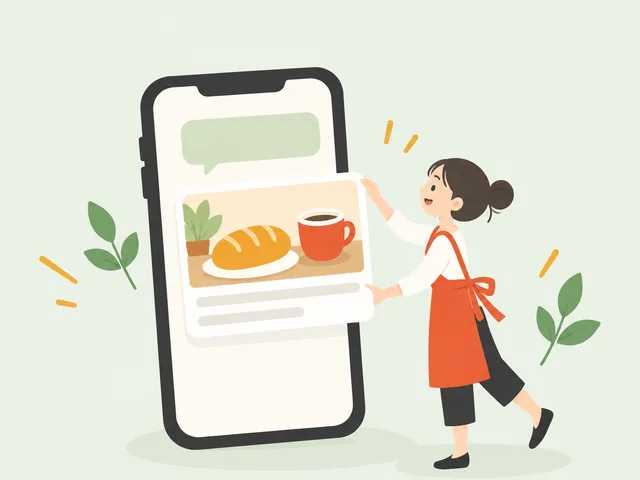 スマホの画面に、お店の写真のカードを差し出している店主のイラスト