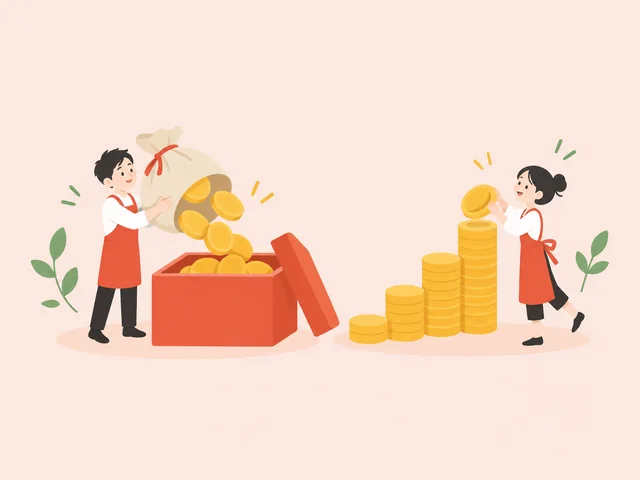 大きな袋のコインを一度に入れる人と、コインを1枚ずつ階段のように積む人のイラスト