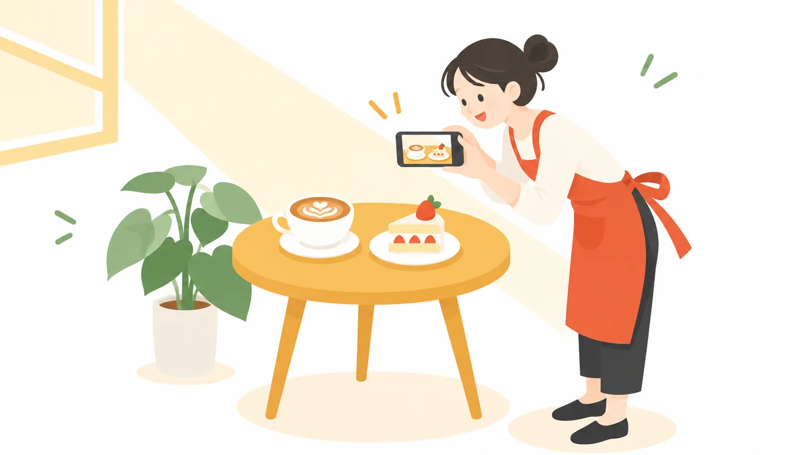 窓の光が差すテーブルのラテとケーキを、スマホで撮っているカフェの人のイラスト