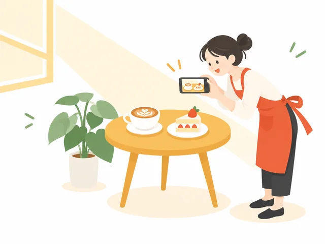窓の光が差すテーブルのラテとケーキを、スマホで撮っているカフェの人のイラスト