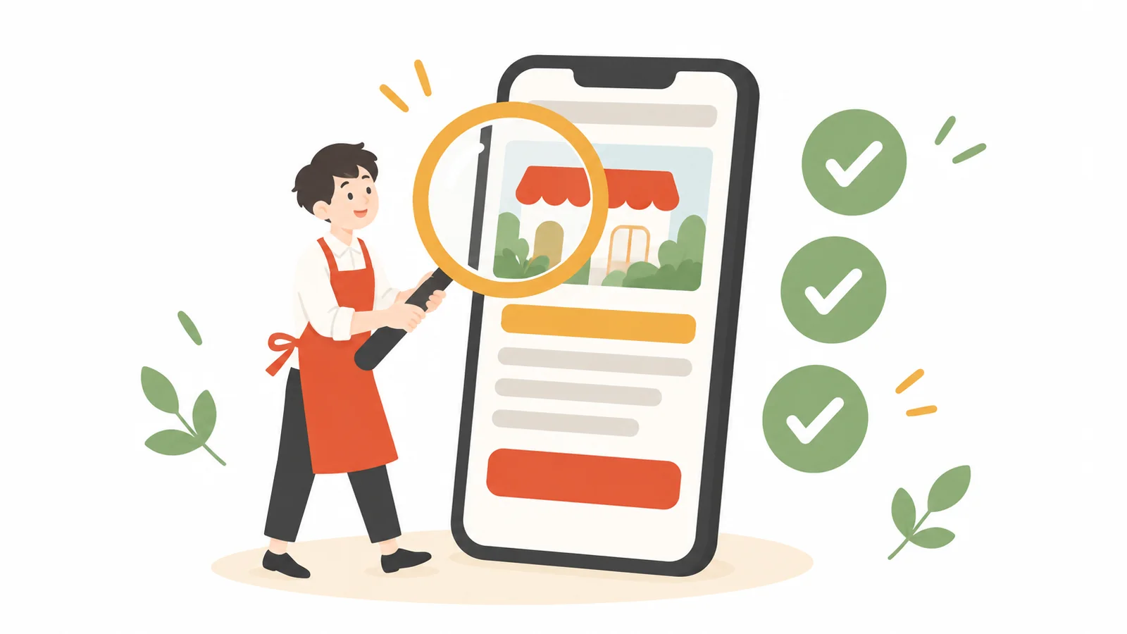 大きなスマホの画面を、虫眼鏡で確かめているお店の人のイラスト