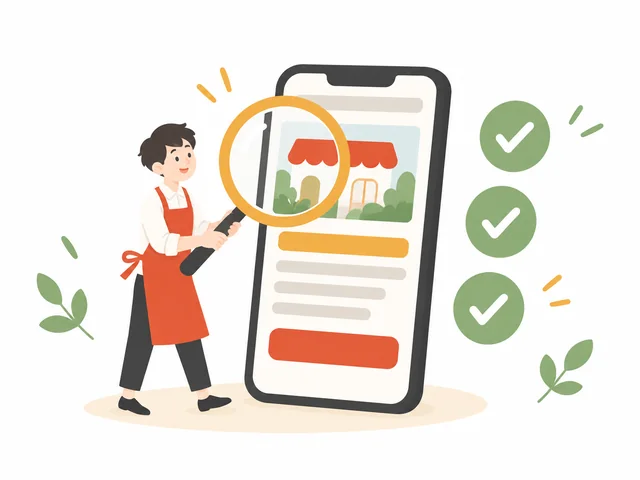 大きなスマホの画面を、虫眼鏡で確かめているお店の人のイラスト