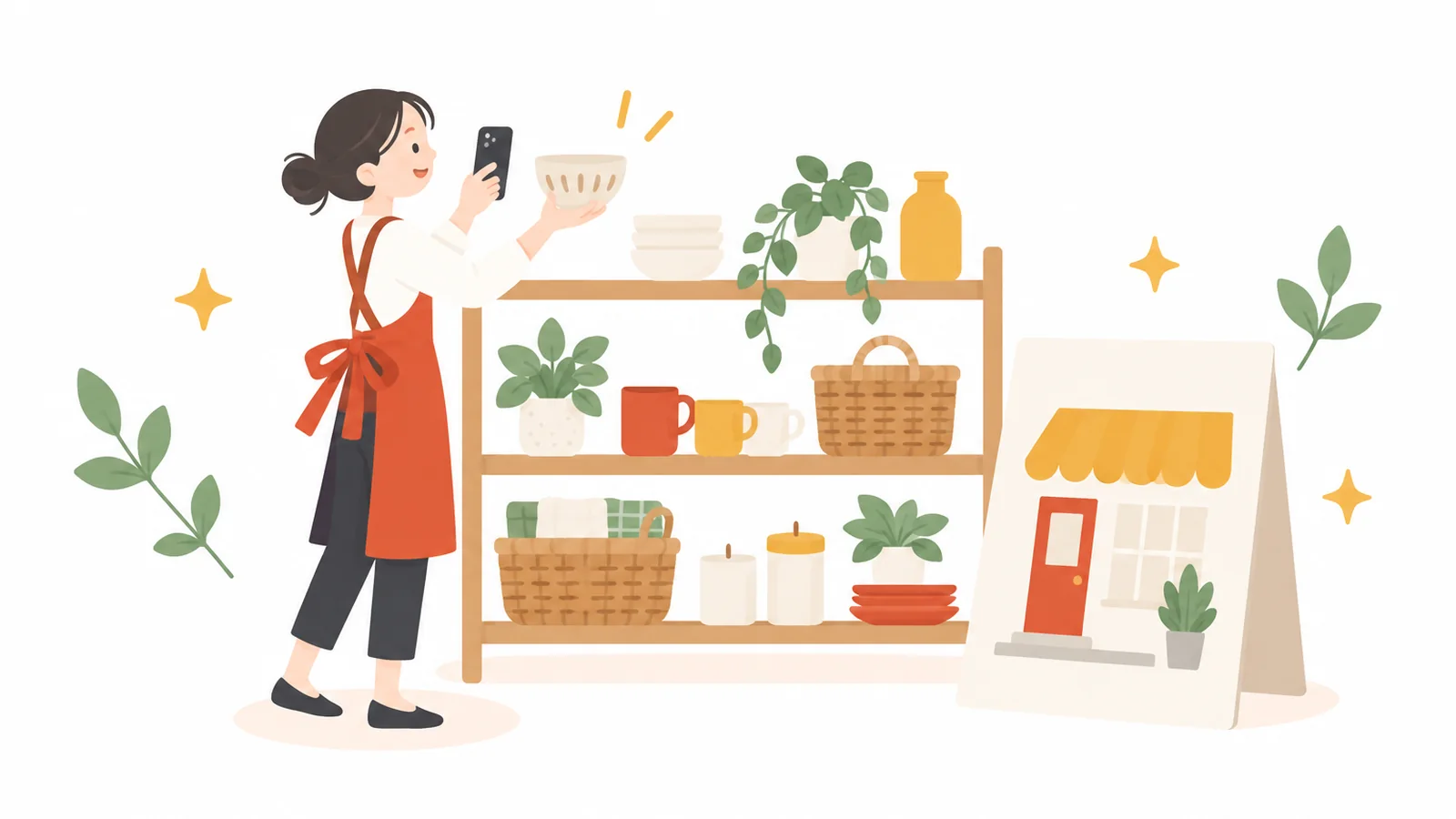 雑貨店の棚の器を、店主がスマホで撮っているイラスト