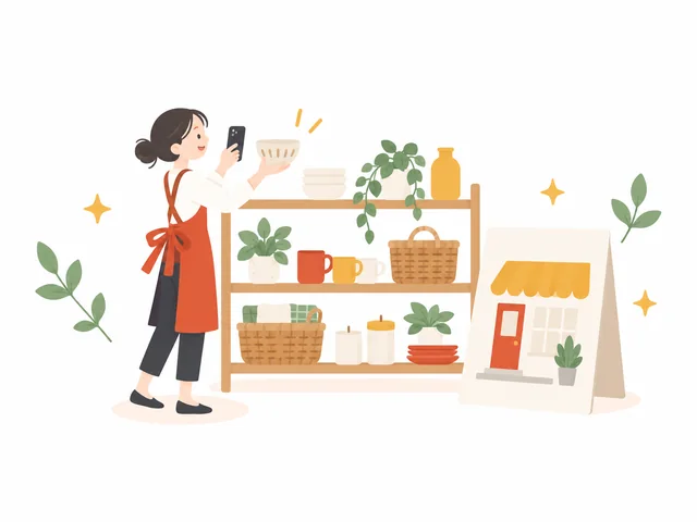 雑貨店の棚の器を、店主がスマホで撮っているイラスト